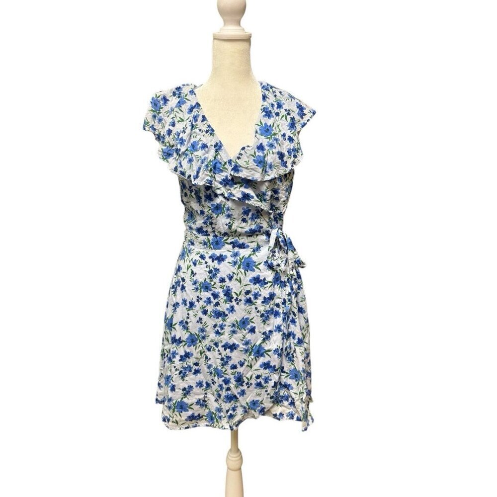 Gianni Bini Blue Floral Wrap Dress Size S Ruffle V-Neck Tie Waist - Picture 1 of 4
